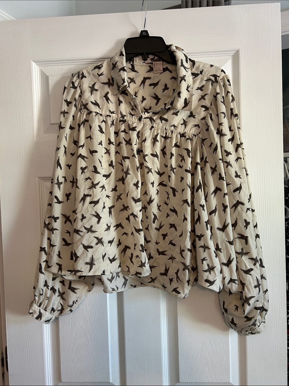 Forever 21 Cream Blouse with Black Bird Print